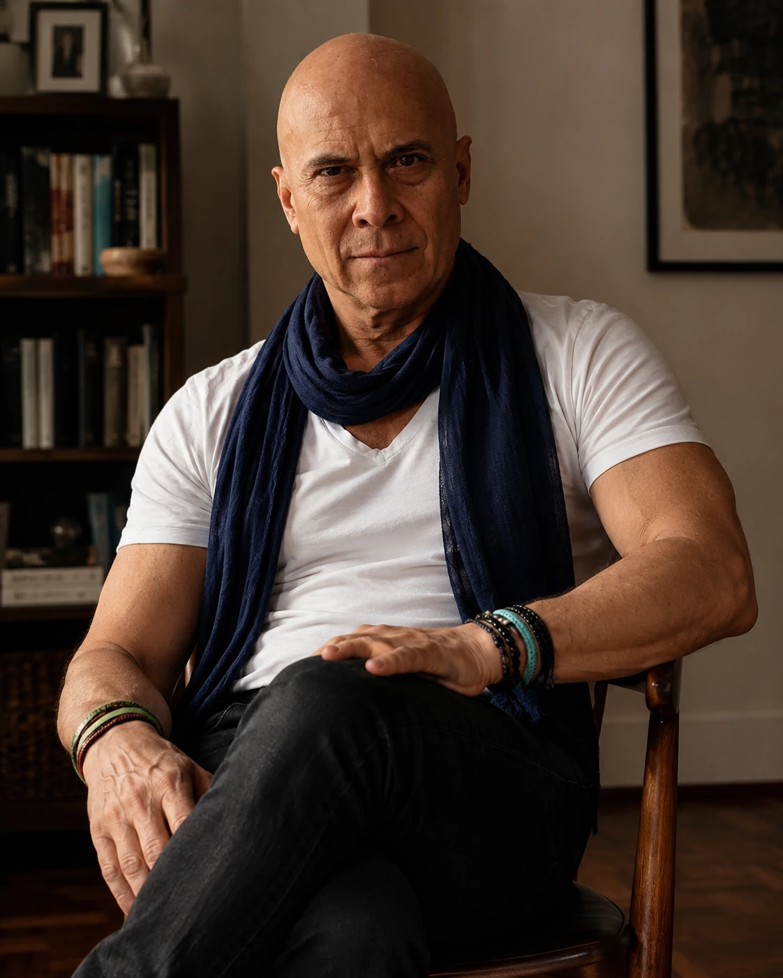 Retrato de César Naranjo con bufanda azul.